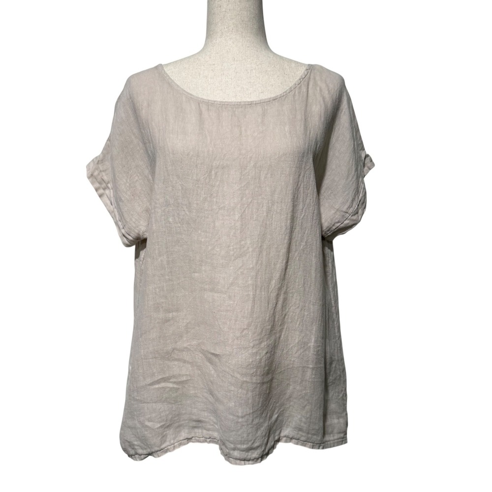 Terzo Millennio Linen Top Womens Medium Beige Button Back Relaxed Fit Lagenlook - Picture 1 of 6